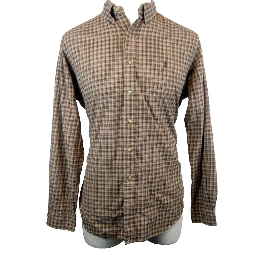 Men's Ralph Lauren Blue Label Classic Fit Brown Check Cotton Dress Shirt size L